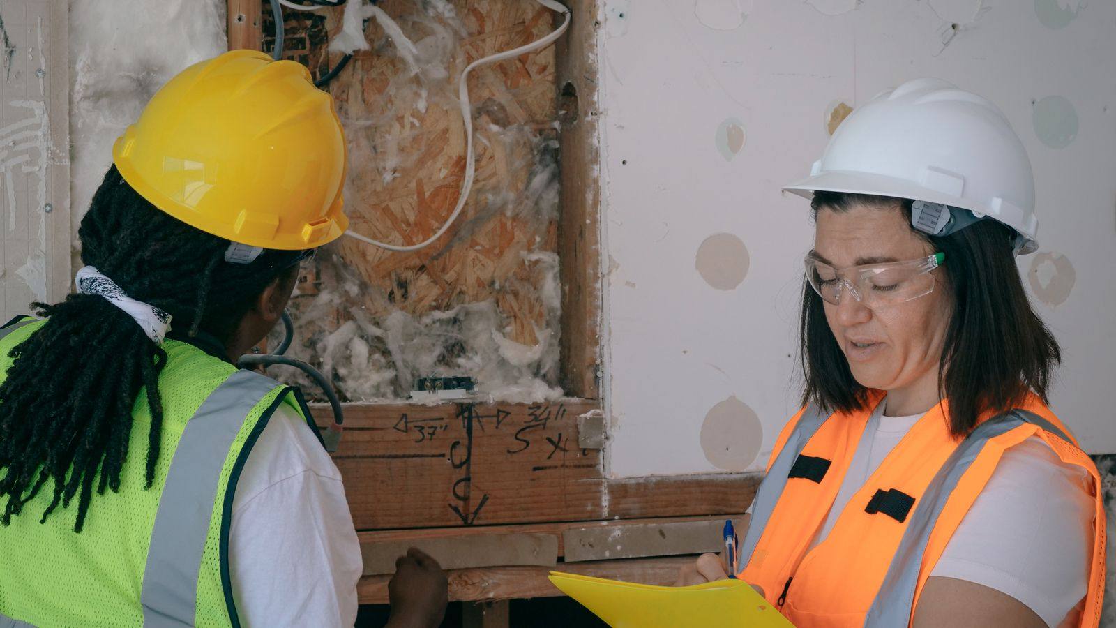Two workers in hard hats, goggles and vests inspect wiring in an open wall